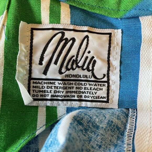 Vintage 1970s Malia Blue & Green Striped Cotton Maxi Dress with Built In Bra S - Picture 7 of 8